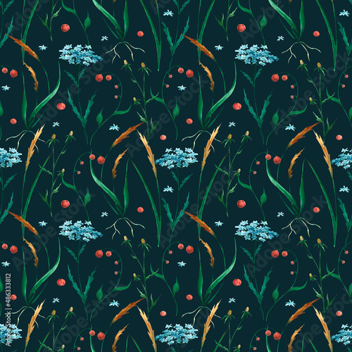 Watercolor floral seamless pattern. Wild flowers and herbs