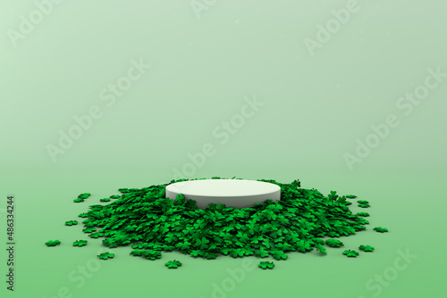 Mockup of round podium on green background with shamrock leaves. Scene template for advertising and presentation, 3D illustration