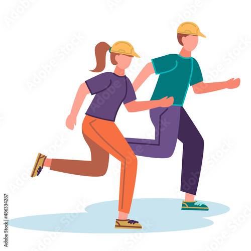 A man and a woman run in helmets to help. Volunteers in an emergency. Vector flat illustration.