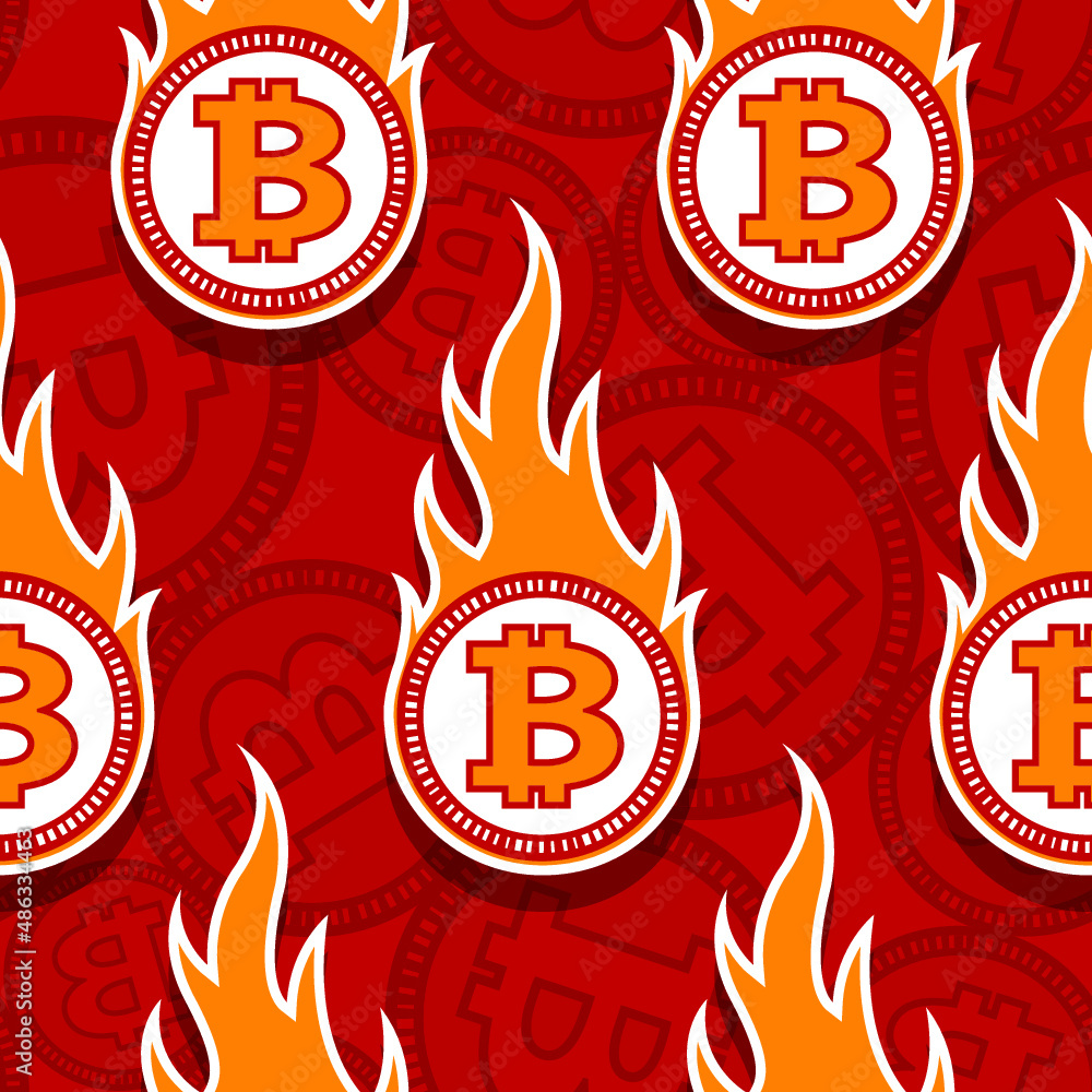 Seamless vector pattern of digital bitcoin crypto currency icons and flames Seamless vector pattern of digital bitcoin crypto currency icons and flames