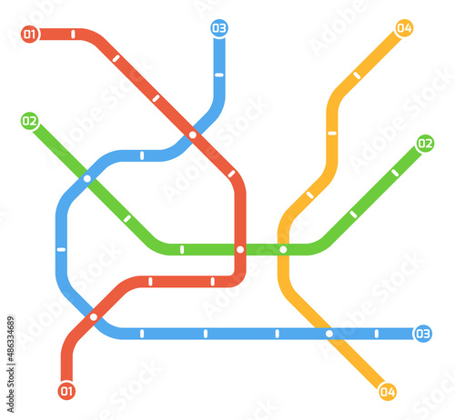 Subway map template with colorful metro routes. Underground transport path lines