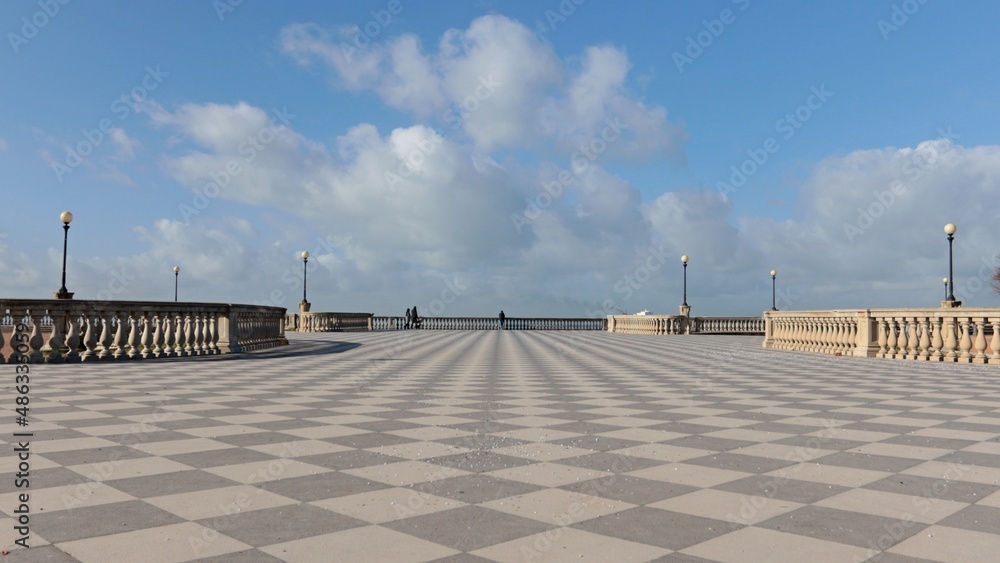 The Terrazza Mascagni in the Tuscan city of Livorno, Italy. La Terrazza, facing the sea, is a lookout with a checkerboard flooring that creates an effect of metaphysical abstraction.