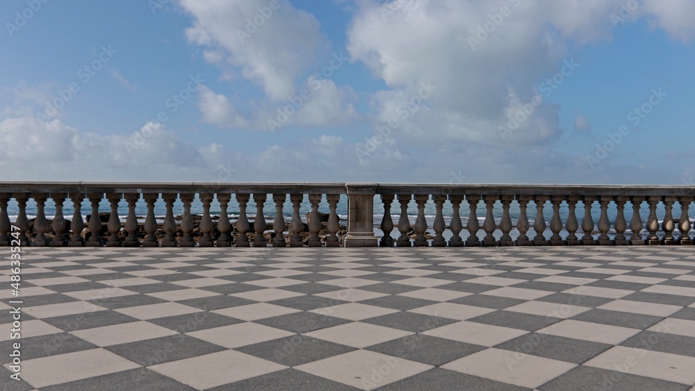 The amazing Terrazza Mascagni sea view in the beautiful Tuscan city of Livorno, Italy. Built in the 1920s, the Terrazza is a checkered belvedere facing the sea. - obrazy, fototapety, plakaty 