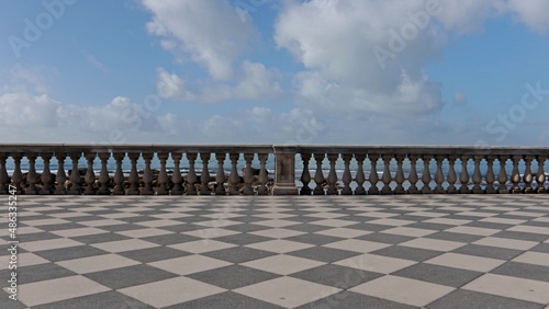 The amazing Terrazza Mascagni sea view in the beautiful Tuscan city of Livorno, Italy. Built in the 1920s, the Terrazza is a checkered belvedere facing the sea.