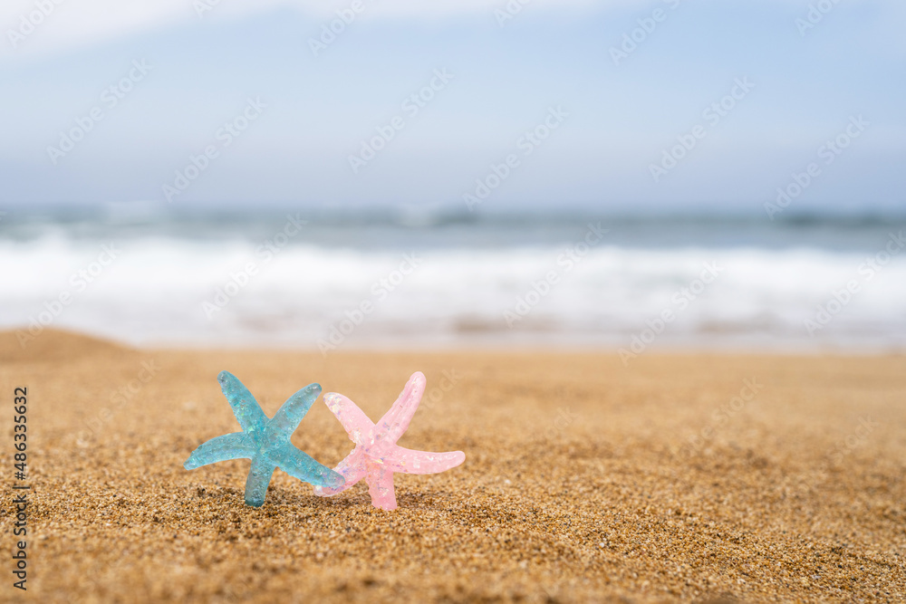 Two colorful starfish, star on sand beach with sea water background. Couple vacation concept Two colorful starfish, star on sand beach with sea water background. Couple vacation concept