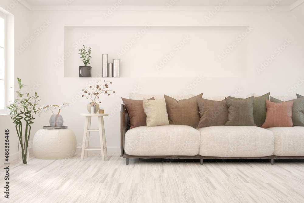 White living room with sofa. Scandinavian interior design. 3D illustration White living room with sofa. Scandinavian interior design. 3D illustration