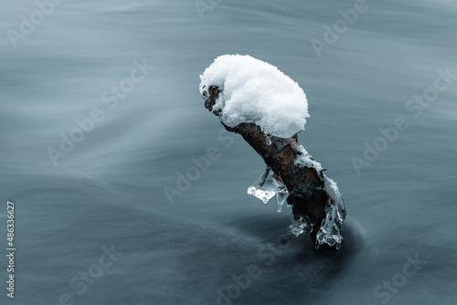 Ice on twig in water photo