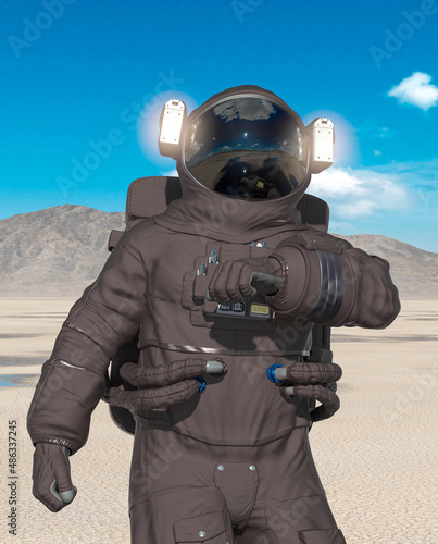 astronaut is checking the time in the desert of another planet after rain with copy space