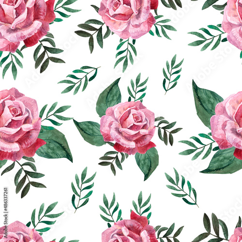 seamless pattern  red roses on a white background  watercolor illustration  suitable for printing on textiles and paper