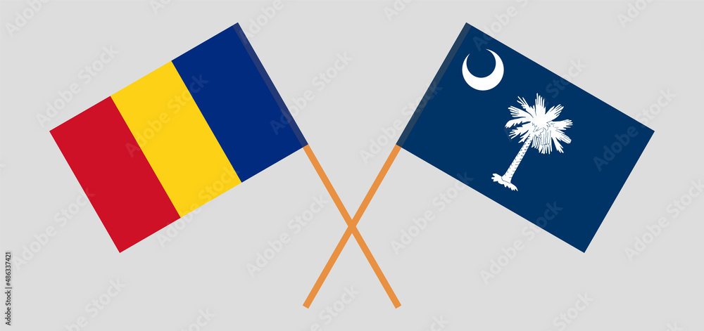 Crossed flags of Romania and The State of South Carolina. Official colors. Correct proportion Crossed flags of Romania and The State of South Carolina. Official colors. Correct proportion