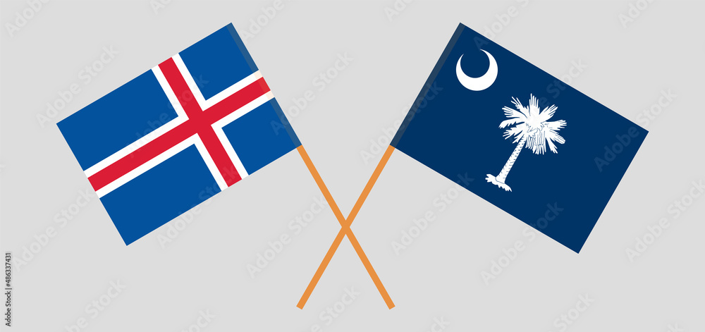 Crossed flags of Iceland and The State of South Carolina. Official colors. Correct proportion