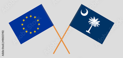 Crossed flags of the European Union and The State of South Carolina. Official colors. Correct proportion