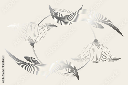 Luxurious line art in the form of a plant. Leaves and flower pattern vector illustration in grunge style. Beautiful vector illustration for invitations for the holidays, wedding, sale.