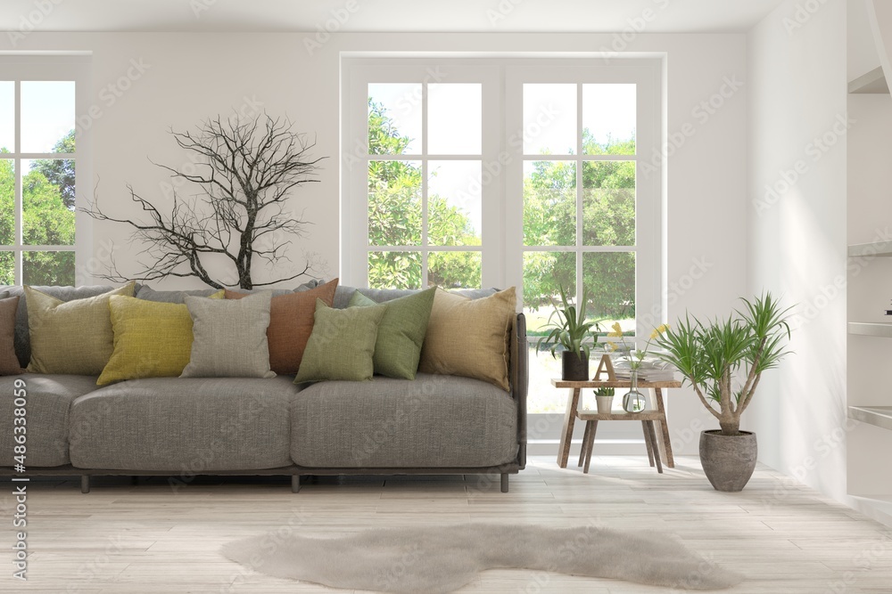 White living room with sofa and summer landscape in window. Scandinavian interior design. 3D illustration White living room with sofa and summer landscape in window. Scandinavian interior design. 3D illustration