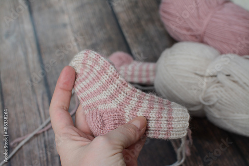 Colorful striped baby socks, made of organic wool yarn