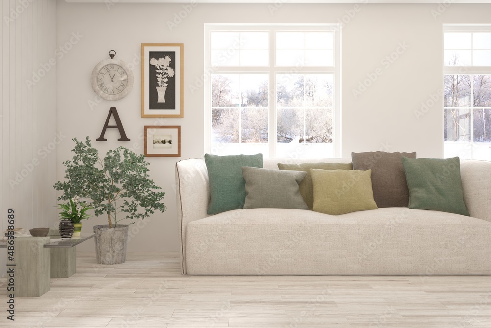 White living room with sofa and winter landscape in window. Scandinavian interior design. 3D illustration White living room with sofa and winter landscape in window. Scandinavian interior design. 3D illustration