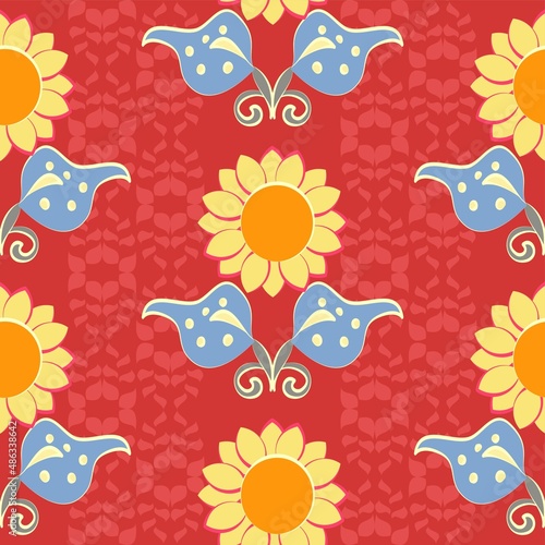 Fun sunflower vector repeat pattern on a decorative red background