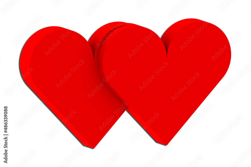 celebration of love on Valentine's Day, two red hearts that meet, hearts side by side forever. On white background, illustration in 3d graphics.
