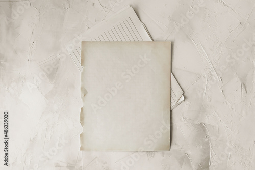 Empty space for the text. An old blank notebook sheet  on a light background.