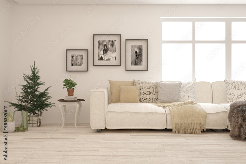 White living room with sofa. Scandinavian interior design. 3D illustration White living room with sofa. Scandinavian interior design. 3D illustration