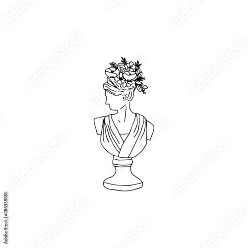 Head of Ancient Greek goddess with blooming flower and leaves sprouting from it. Female face sculpture as a vase pot, Creative concept for interior design. Vector doodle Illustration