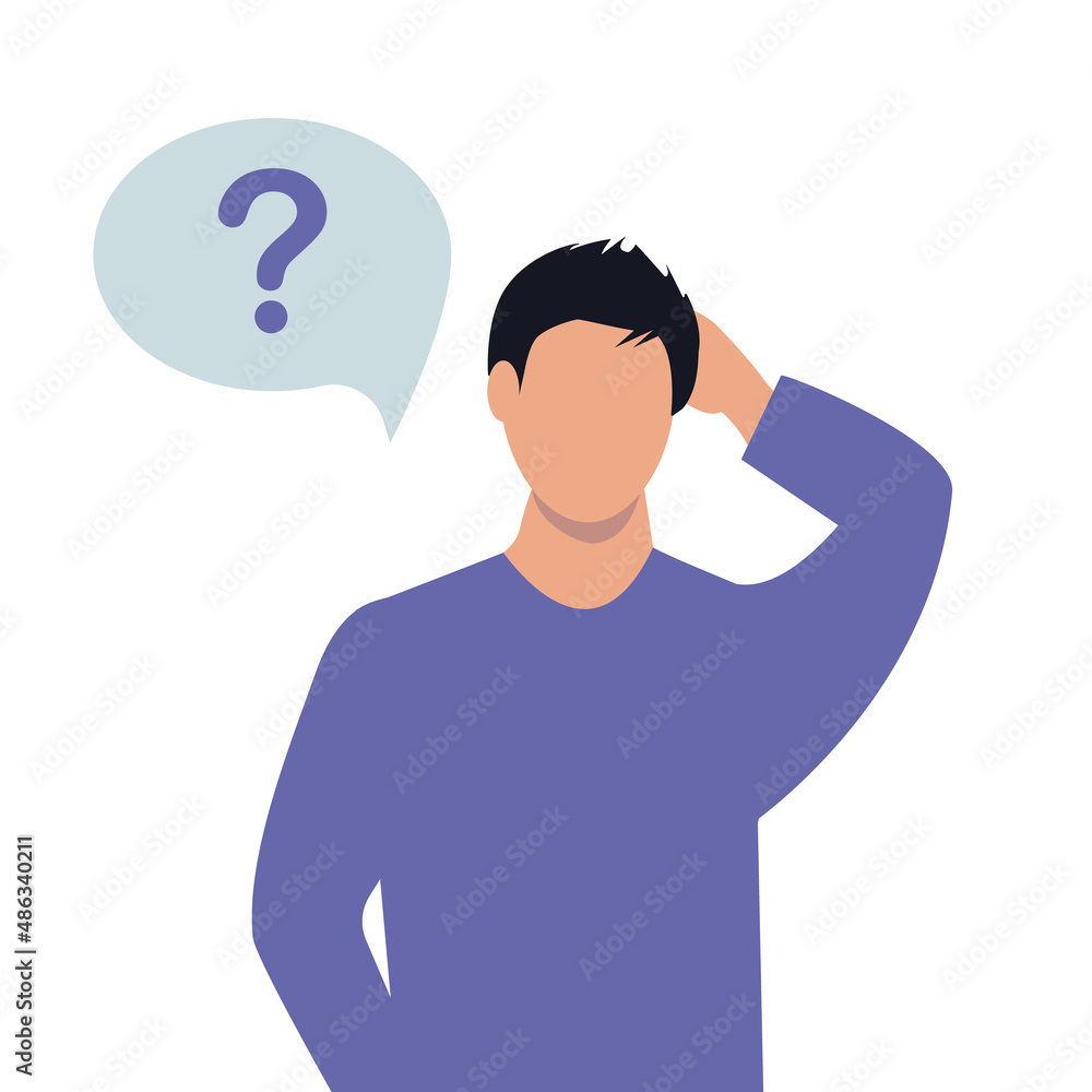 The man thinks. Question Mark. Vector illustration in cartoon style
