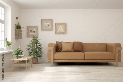 White living room with sofa. Scandinavian interior design. 3D illustration