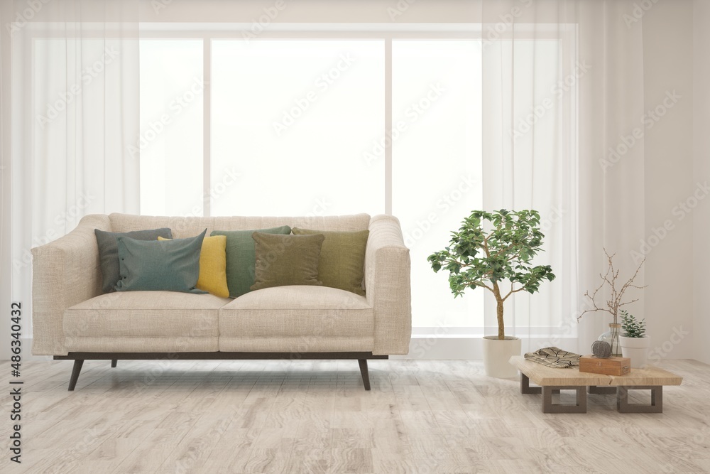 Stylish room in white color with sofa. Scandinavian interior design. 3D illustration Stylish room in white color with sofa. Scandinavian interior design. 3D illustration