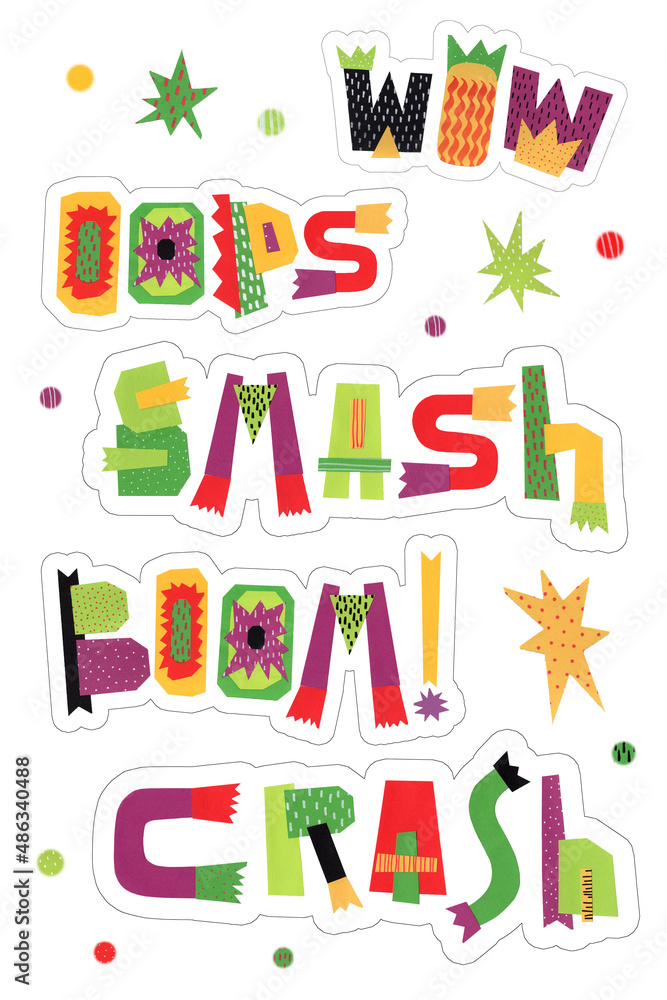 Set of stickers. Lettering smash, crash, wow, oops, boom. Funny cartoon letters. Unique handwritten lettering. Set of stickers. Lettering smash, crash, wow, oops, boom. Funny cartoon letters. Unique handwritten lettering.