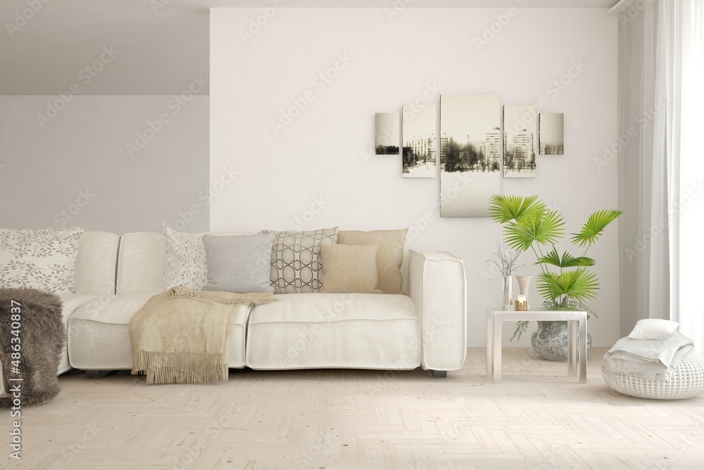 Obraz premium Modern living room in white color with sofa. Scandinavian interior design. 3D illustration