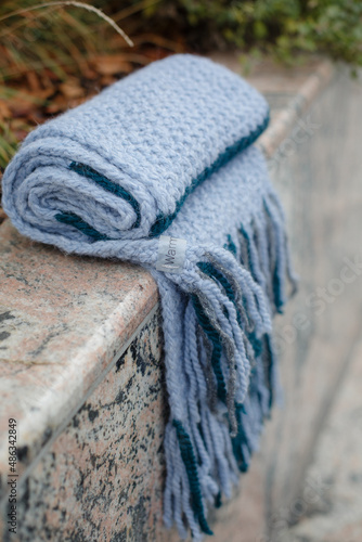 Beautiful hand knitted alpaca wool scarf. Handmade blue winter scarf
