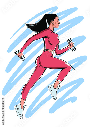 Beautiful sporty woman running with dumbbells