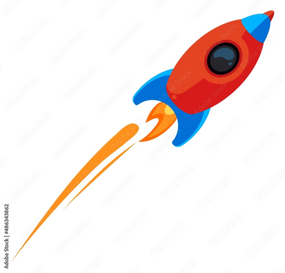 Flying rocket with flame trail. Shuttle launch in cartoon style Flying rocket with flame trail. Shuttle launch in cartoon style
