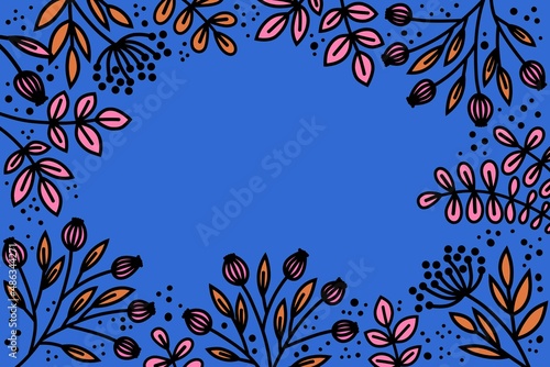 Leaves  flowers and twigs on a pink blue background. Plant frame with floral design. Space for text and graphic design. Festive background with a pattern of twigs.