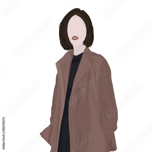 portrait of a girl in a coat; cute girl with a square in a coat; illustration of a brunette woman;