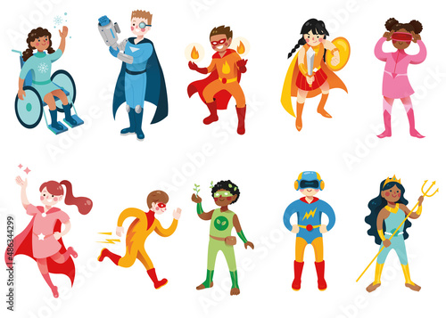 Children in superhero costume. Isolated illustrations of superhero kids.