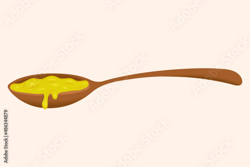 Melted ghee butter in wooden spoon. Vector illustration