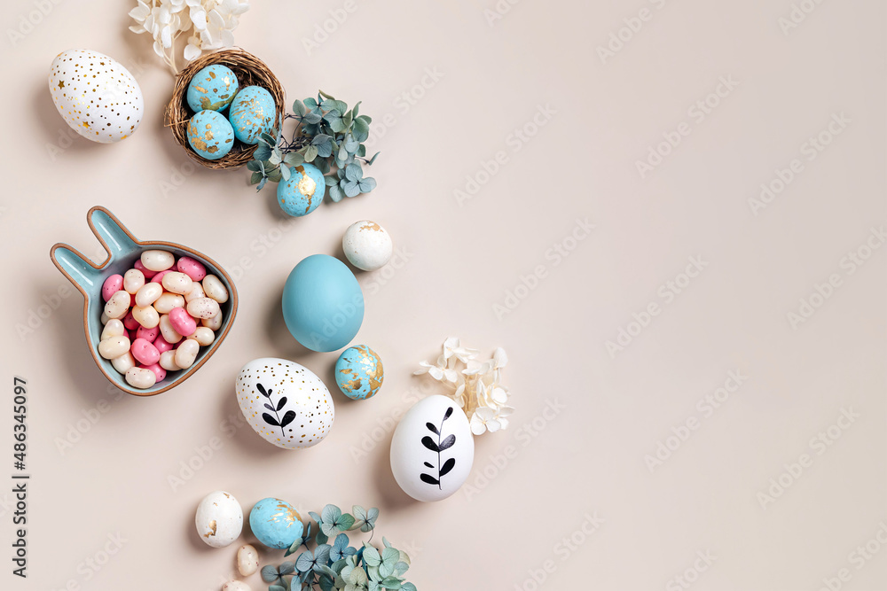 custom made wallpaper toronto digitalEaster eggs with candy and flowers on beige. Happy Easter concept. White and blue eggs with cute plate in the shape of a bunny