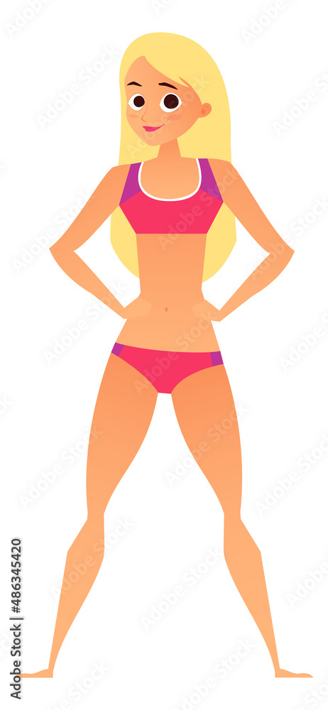 Standing woman in red bikini. Pretty cartoon character Standing woman in red bikini. Pretty cartoon character