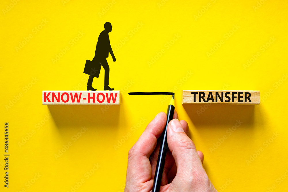 Know-how transfer symbol. Concept words Know-how transfer on wooden blocks on beautiful yellow table yellow background. Businessman hand. Copy space. Business innovation and know-how transfer concept. - obrazy, fototapety, plakaty 