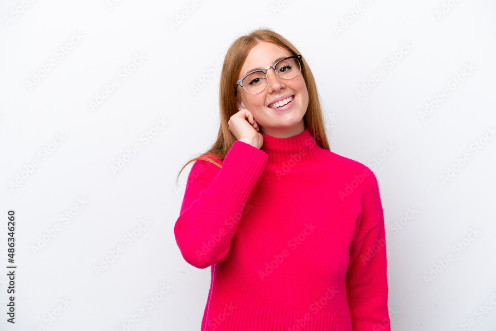 Young redhead woman isolated on white background laughing Young redhead woman isolated on white background laughing