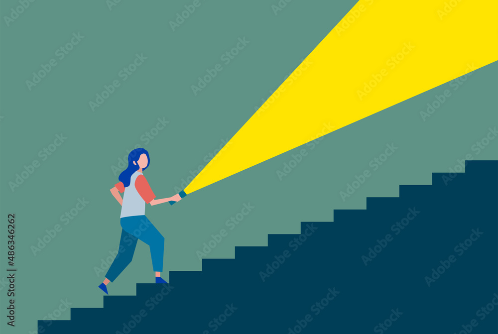 懐中電灯で照らしながら階段を上る女性 人物フラットイラスト 懐中電灯で照らしながら階段を上る女性 人物フラットイラスト