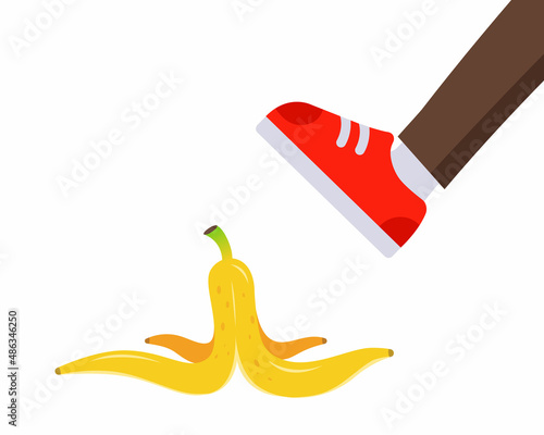 foot steps on a banana peel. slip on a banana. flat vector illustration.