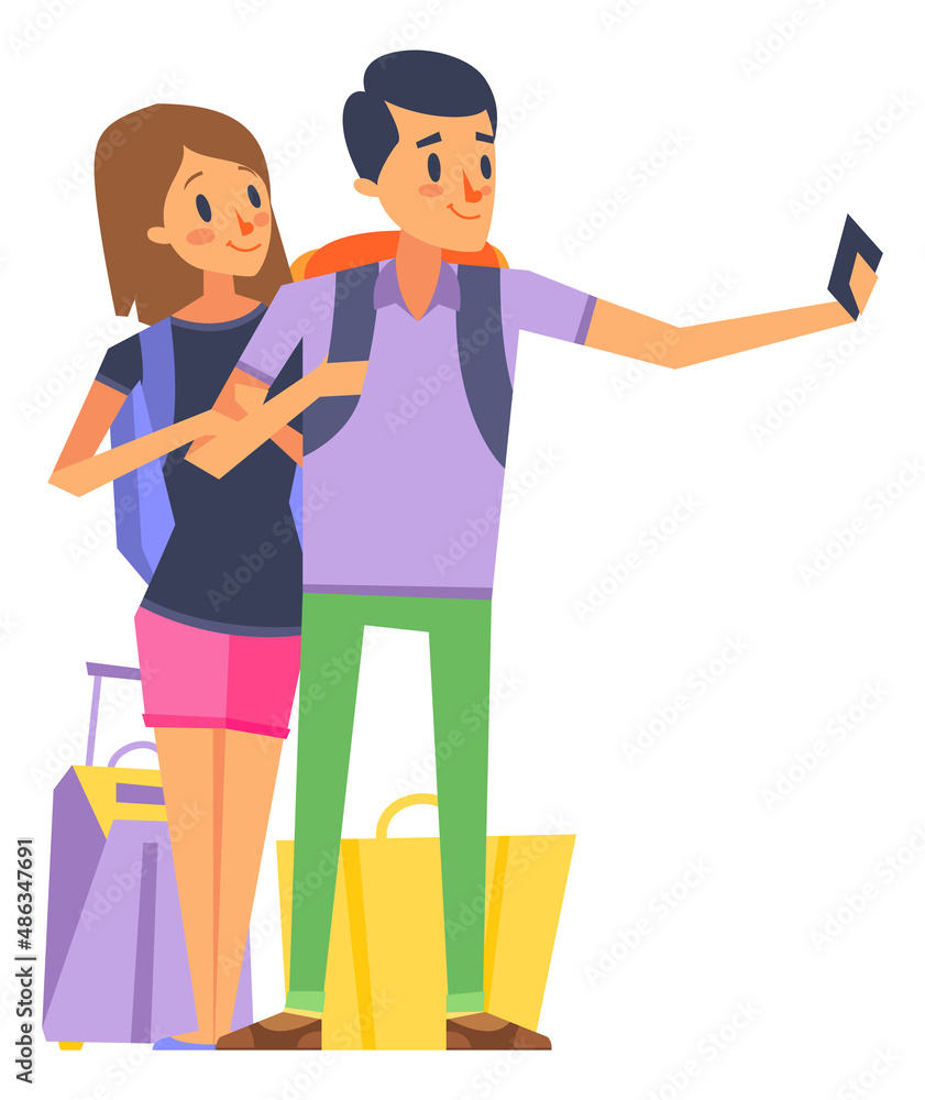 Couple with travel bags making selfie. Holiday vacation trip