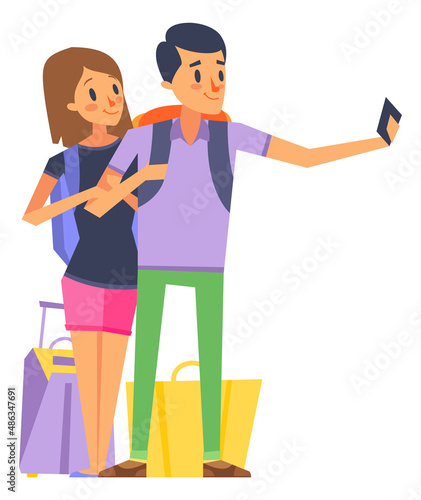 Couple with travel bags making selfie. Holiday vacation trip