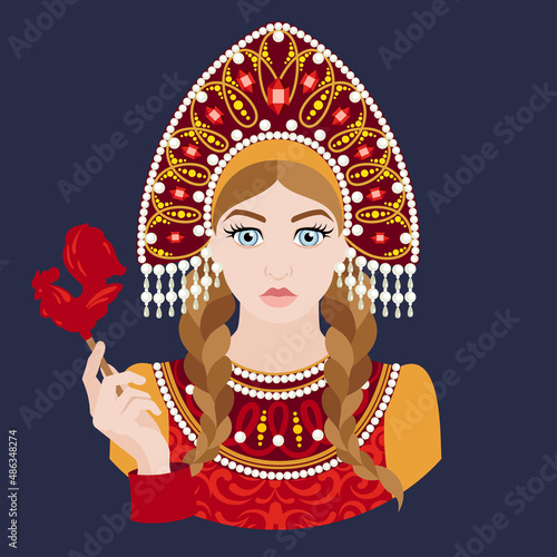 The avatar of a young girl in a Slavic costume and a kokoshnik holds a lollipop in the shape of a cockerel in her hand. Historical costumes. Flat illustration.