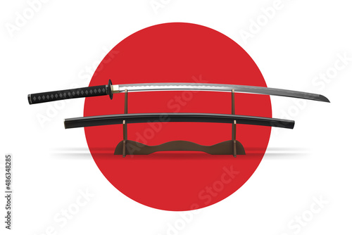 Japanese katana sword and scabbard on a stand. 3D illustration photo