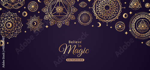 Poster with Sacred Geometry Forms with Moon and Sun. Vector illustration. Geometric Logo Design, Gold Alchemy Symbol, Golden Occult and Mystic Signs on Black Background. Esoteric Line Prints