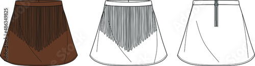 Vector flared mini skirt fashion CAD, woman fringe detailed skirt technical drawing, sketch, template, flat. Jersey, woven fabric, leather or suede skirt with front, back view, white color