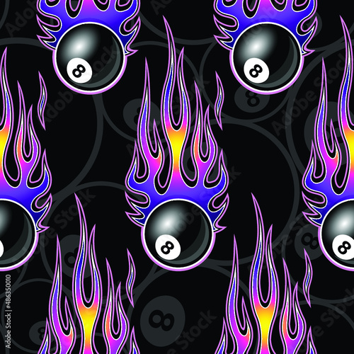 8 ball with fire flame billiard vector seamless pattern digital paper design.. Ideal for wallpaper packaging fabric textile wrapping paper design.